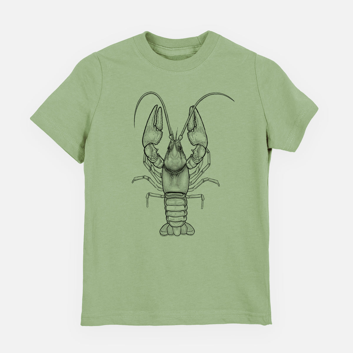 Sage green youth t-shirt laid flat, printed with a detailed black ink illustration of a crayfish with its claws raised, seen from above.