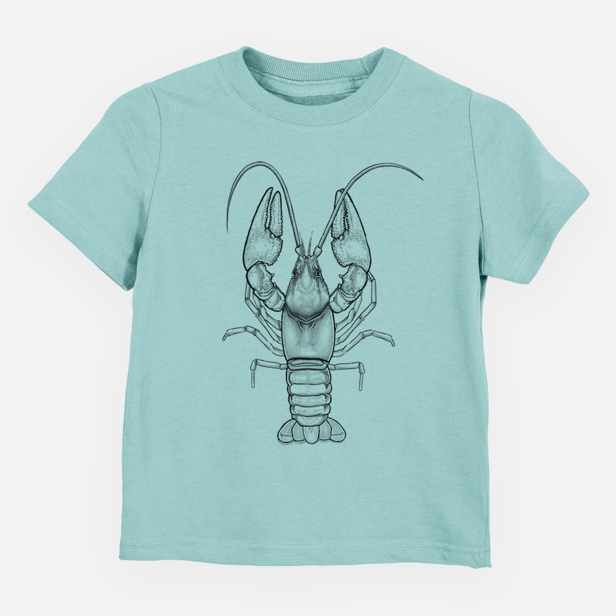 Saltwater toddler t-shirt laid flat, printed with a detailed black ink illustration of a crayfish with its claws raised, seen from above.
