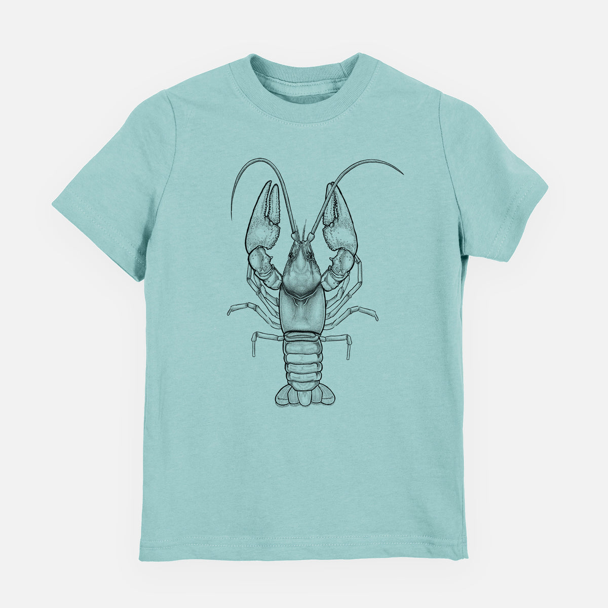 Saltwater youth t-shirt laid flat, printed with a detailed black ink illustration of a crayfish with its claws raised, seen from above.