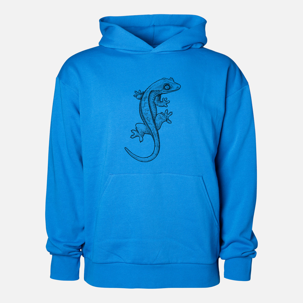 Crested Gecko - Correlophus ciliatus - Statement Midweight Hoodie in Azure Blue, shown from the front with the design printed on the chest above a front kangaroo pocket.