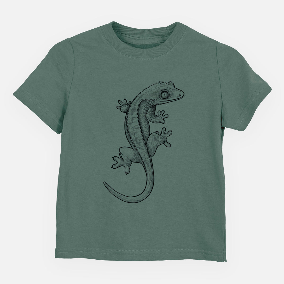 Basil green toddler t-shirt laid flat, printed with a detailed black ink illustration of a crested gecko climbing.