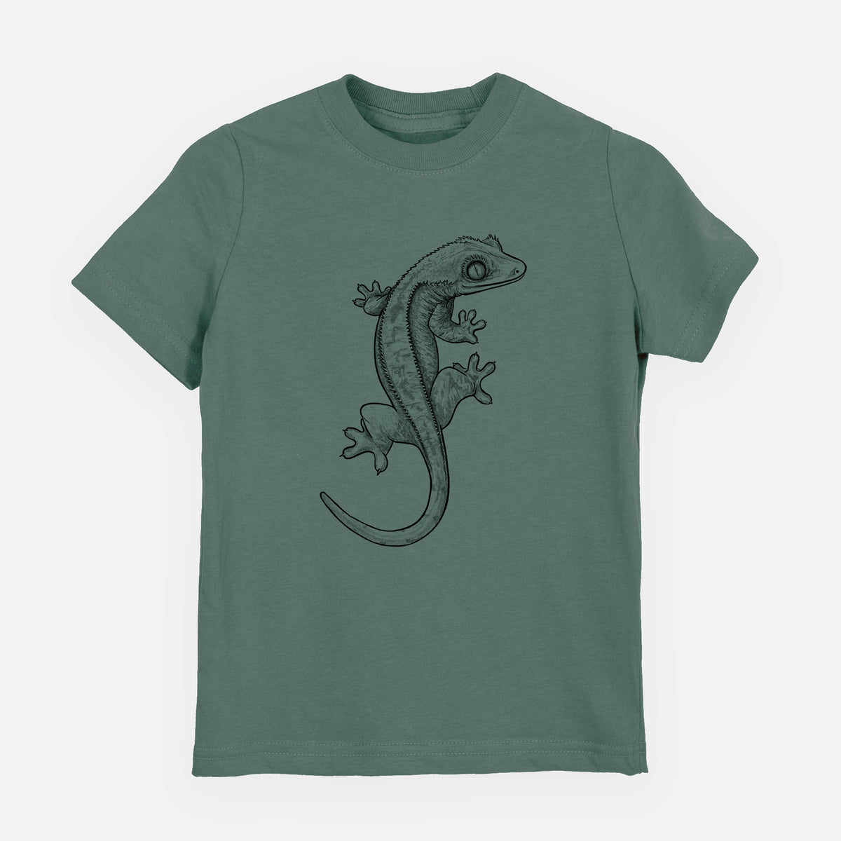 Basil green youth t-shirt laid flat, printed with a detailed black ink illustration of a crested gecko climbing.