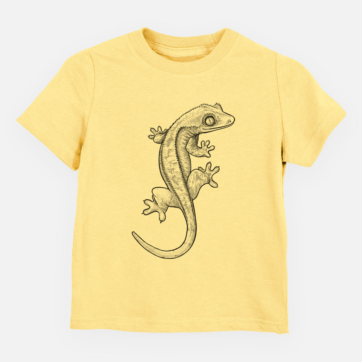 Butter yellow toddler t-shirt laid flat, printed with a detailed black ink illustration of a crested gecko climbing.