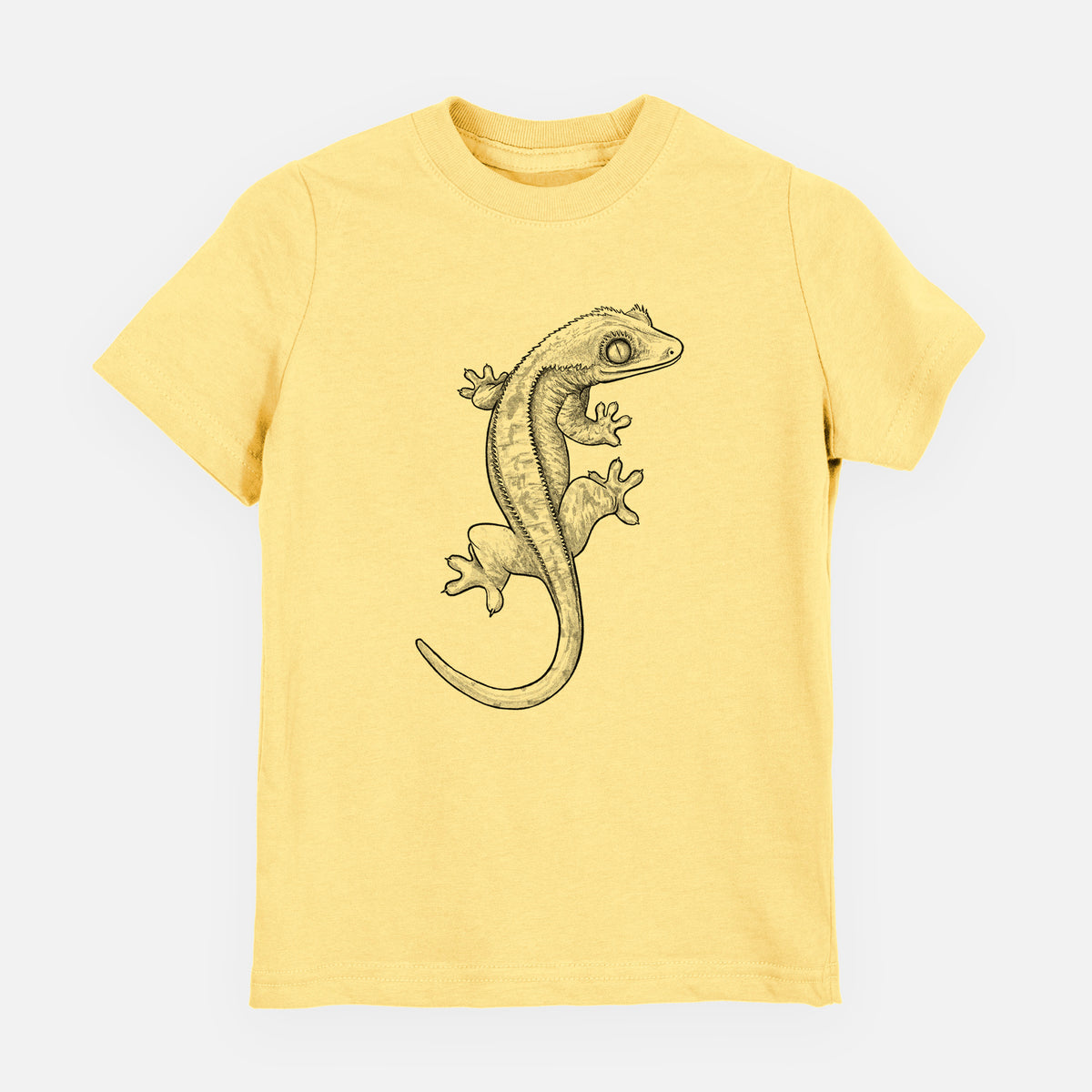 Butter yellow youth t-shirt laid flat, printed with a detailed black ink illustration of a crested gecko climbing.