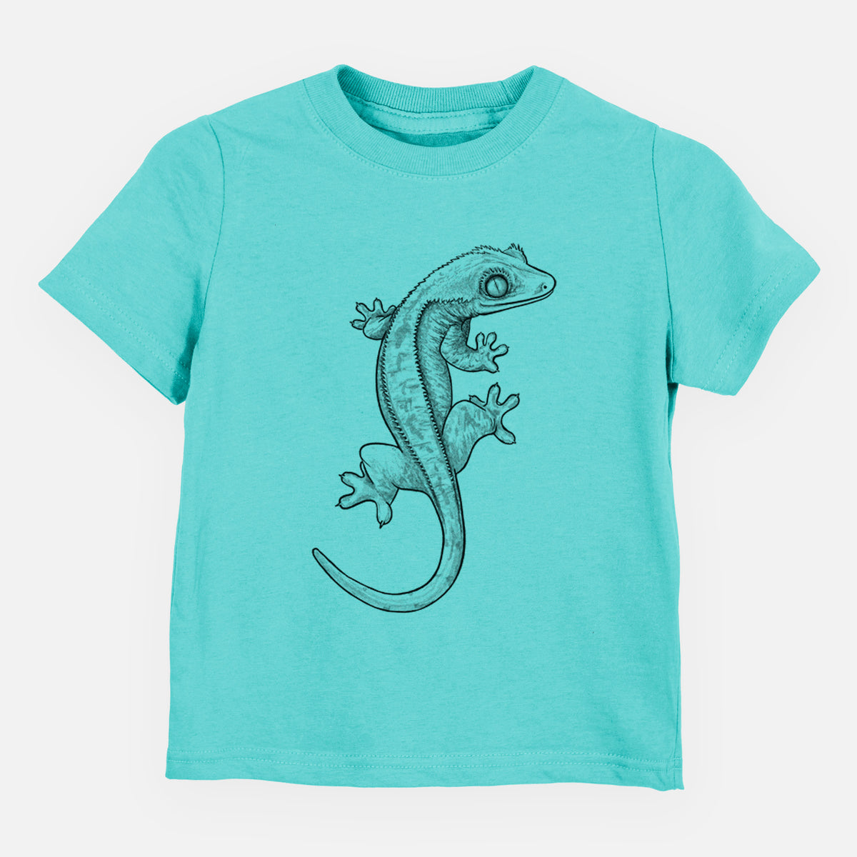 Caribbean blue toddler t-shirt laid flat, printed with a detailed black ink illustration of a crested gecko climbing.