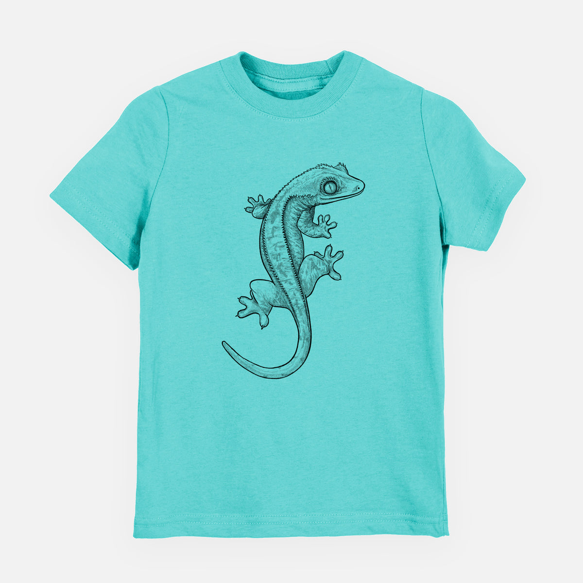 Caribbean blue youth t-shirt laid flat, printed with a detailed black ink illustration of a crested gecko climbing.