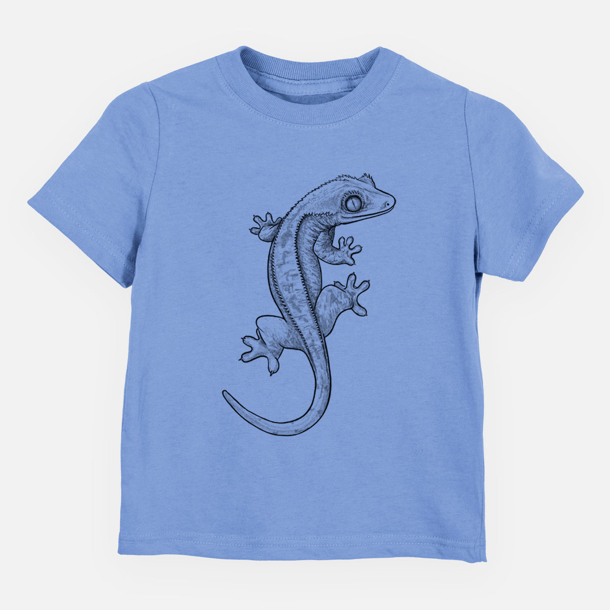 Carolina blue toddler t-shirt laid flat, printed with a detailed black ink illustration of a crested gecko climbing.