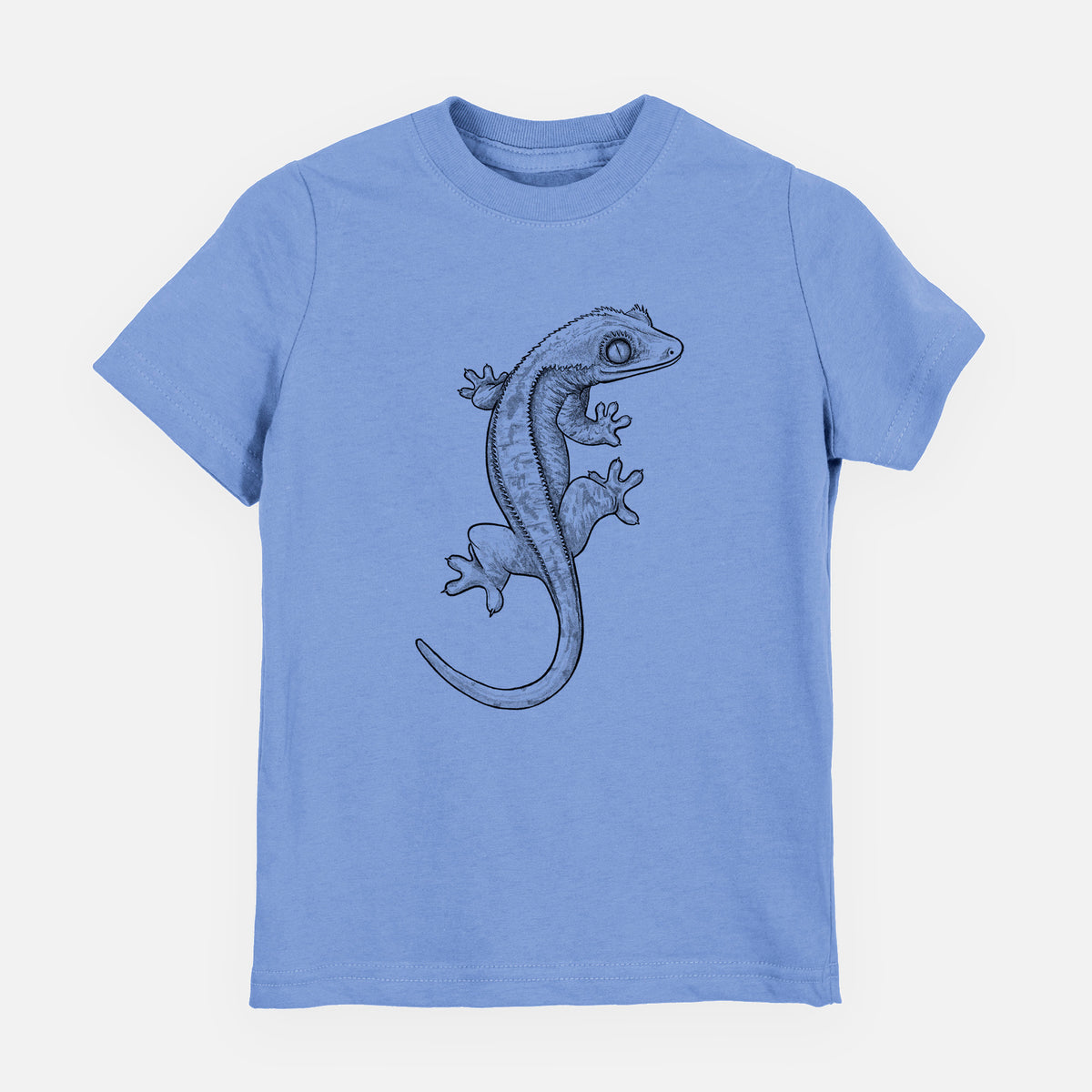 Carolina blue youth t-shirt laid flat, printed with a detailed black ink illustration of a crested gecko climbing.