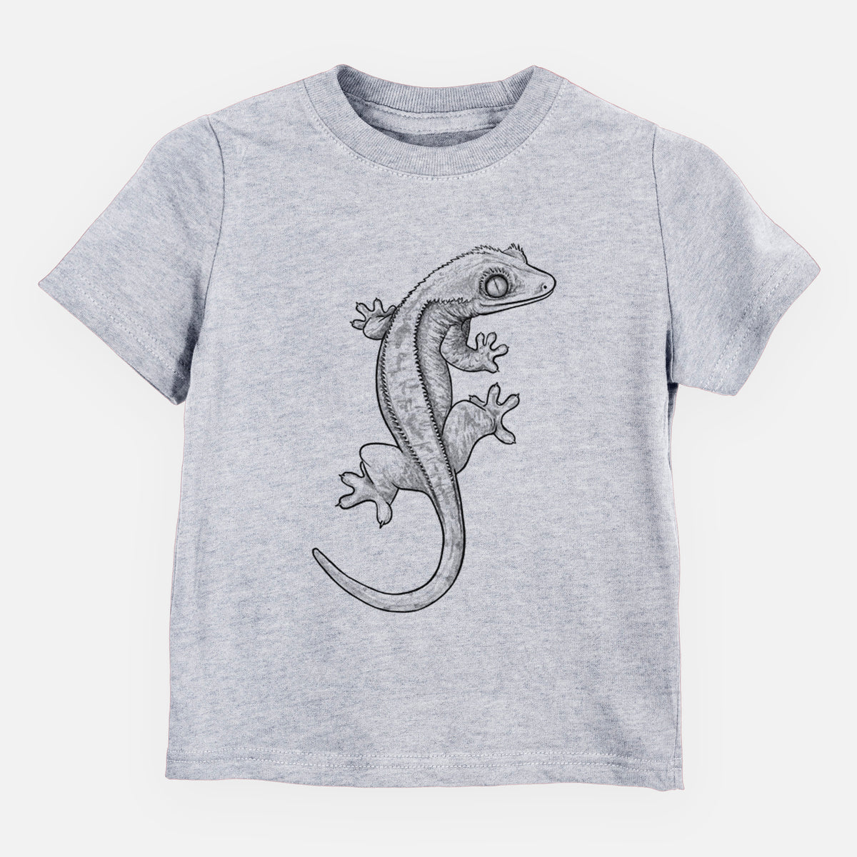 Heather grey toddler t-shirt laid flat, printed with a detailed black ink illustration of a crested gecko climbing.
