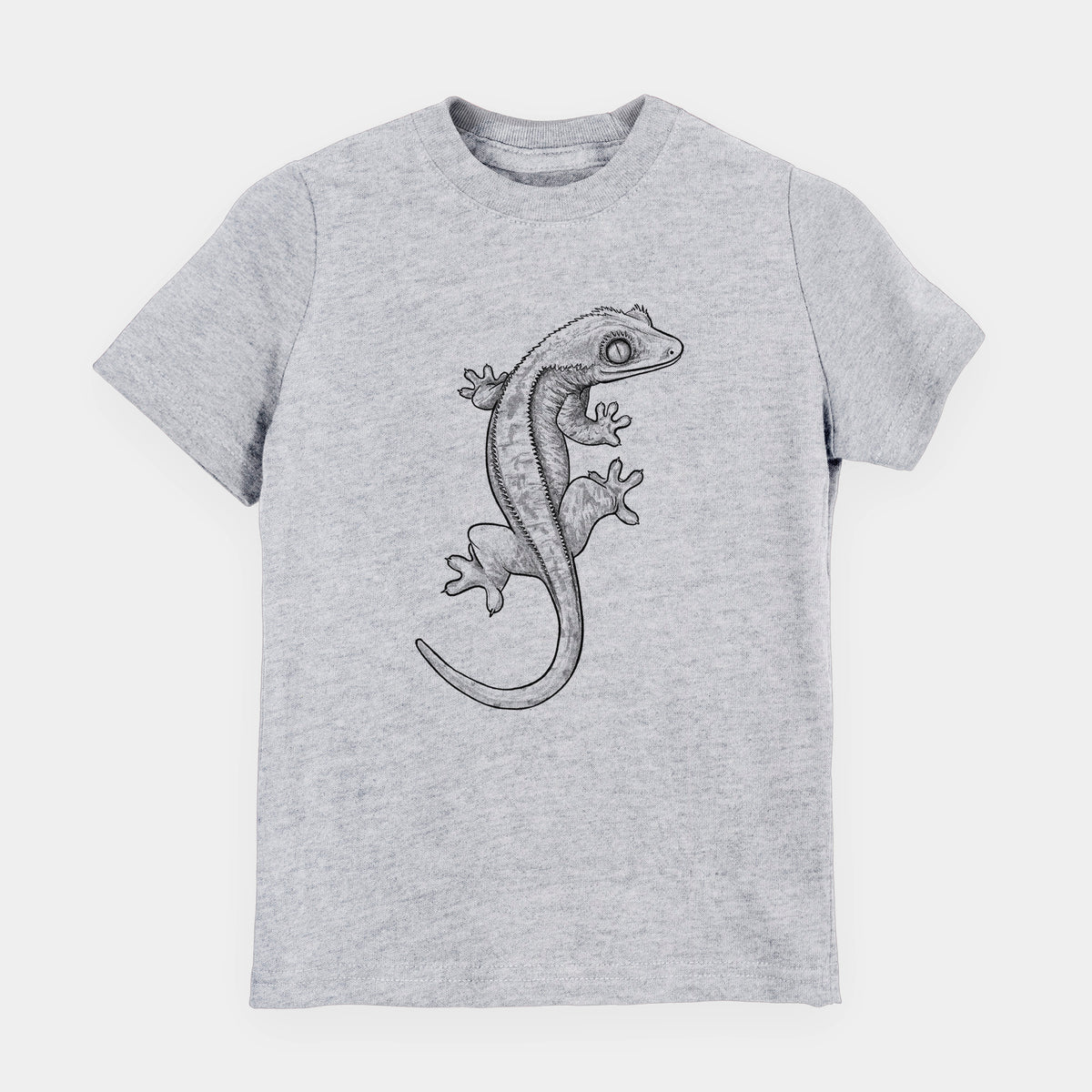 Heather grey youth t-shirt laid flat, printed with a detailed black ink illustration of a crested gecko climbing.