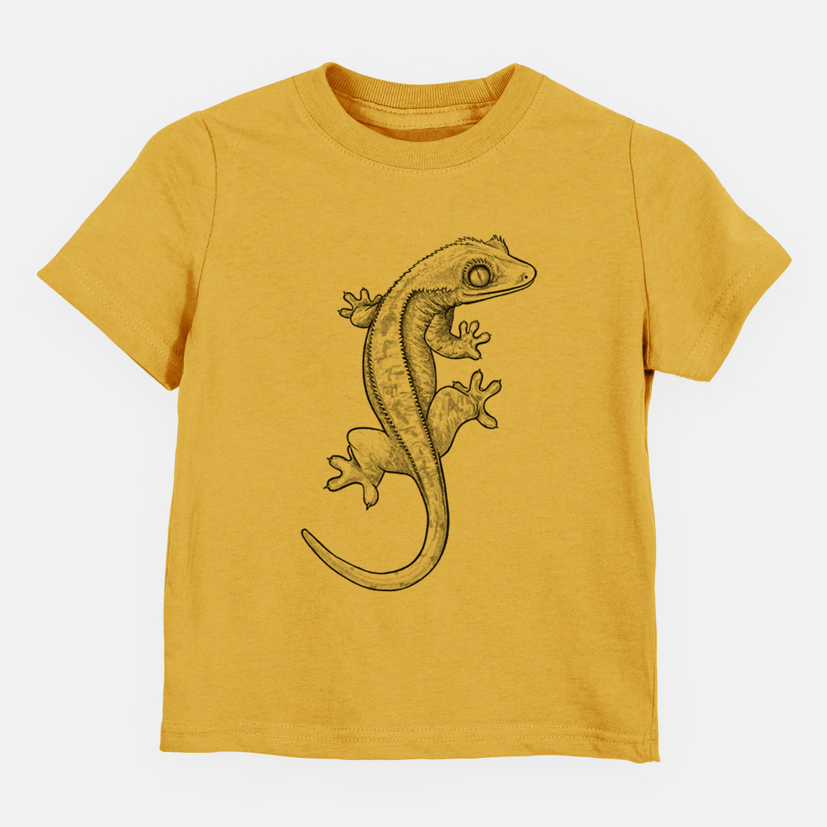 Honeycomb yellow toddler t-shirt laid flat, printed with a detailed black ink illustration of a crested gecko climbing.