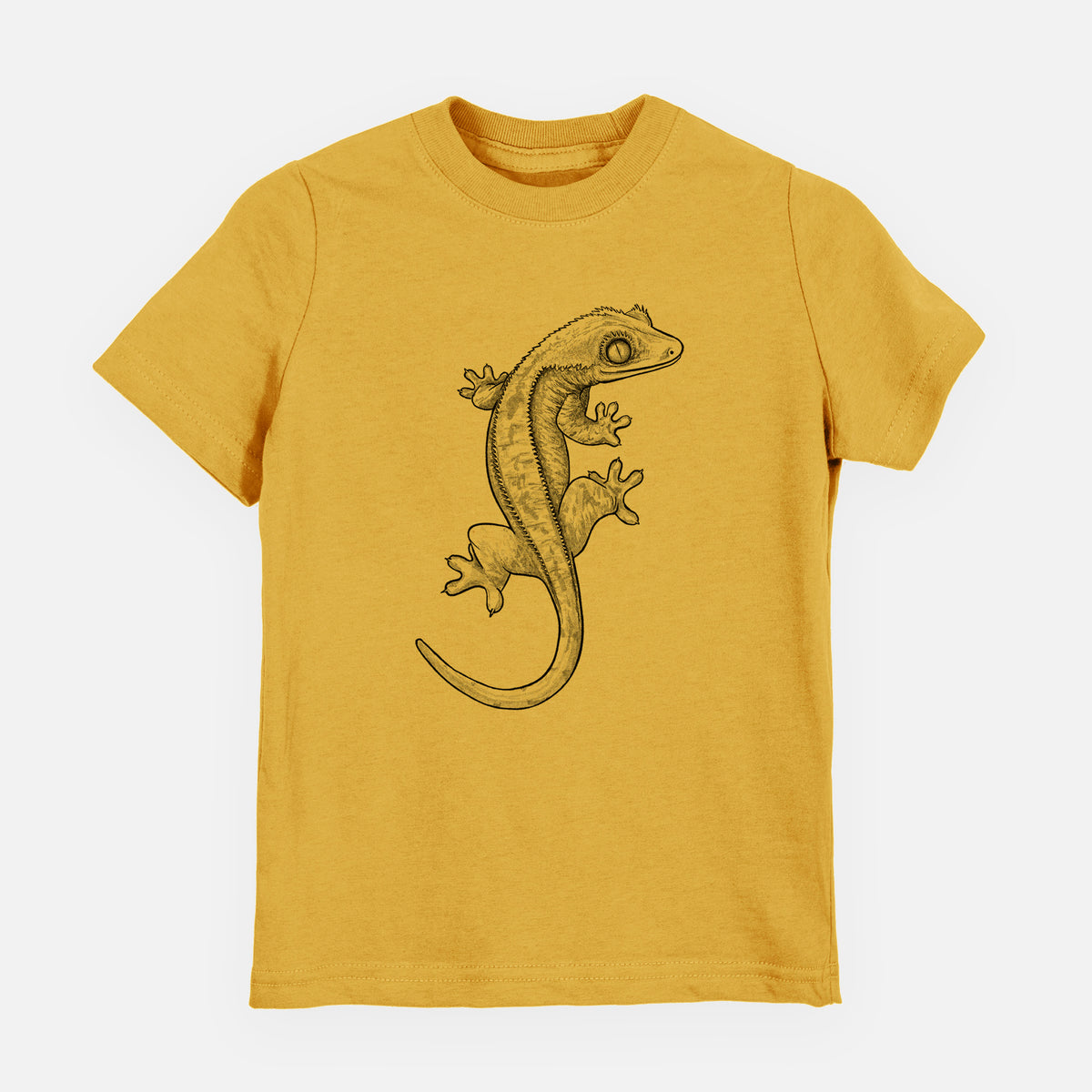 Honeycomb yellow youth t-shirt laid flat, printed with a detailed black ink illustration of a crested gecko climbing.
