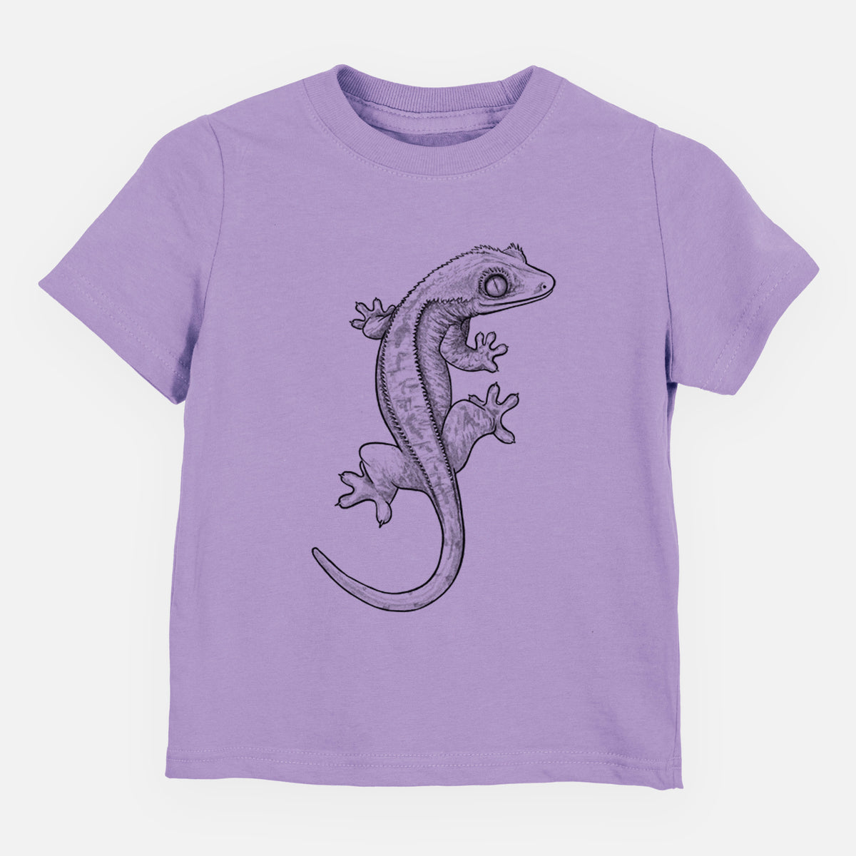 Lavender toddler t-shirt laid flat, printed with a detailed black ink illustration of a crested gecko climbing.