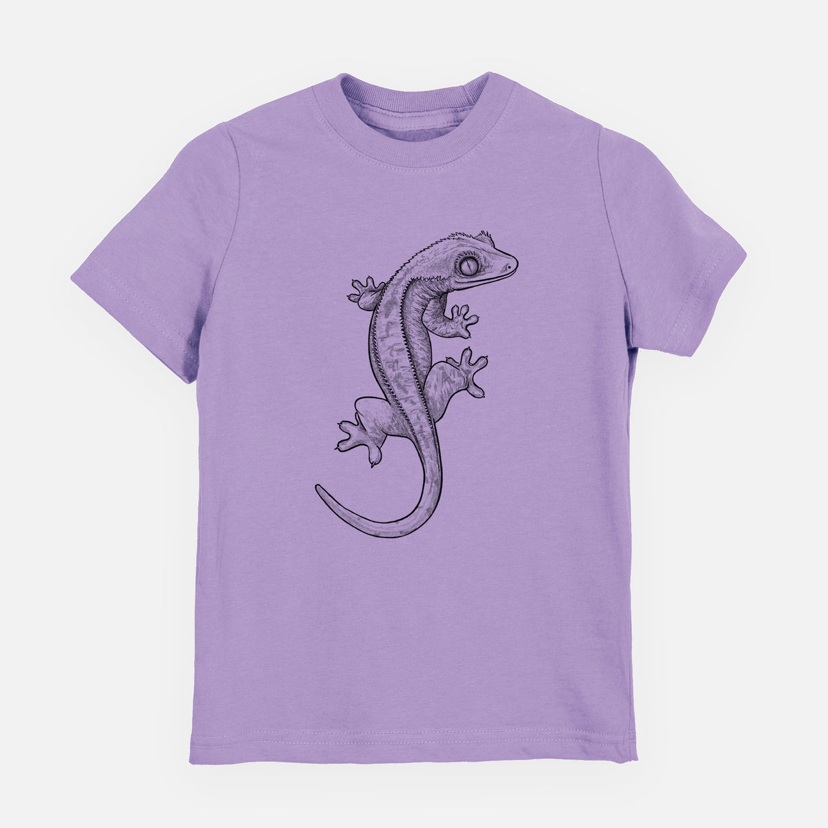 Lavender youth t-shirt laid flat, printed with a detailed black ink illustration of a crested gecko climbing.