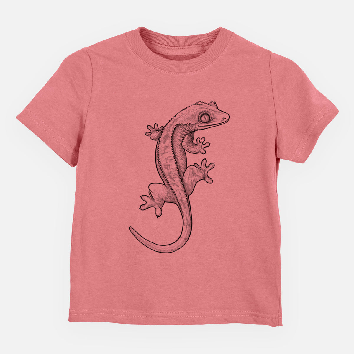Mauve pink toddler t-shirt laid flat, printed with a detailed black ink illustration of a crested gecko climbing.