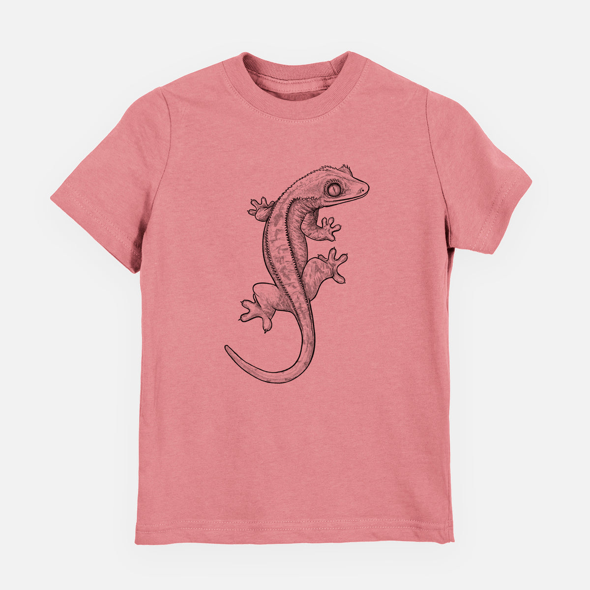 Mauve pink youth t-shirt laid flat, printed with a detailed black ink illustration of a crested gecko climbing.