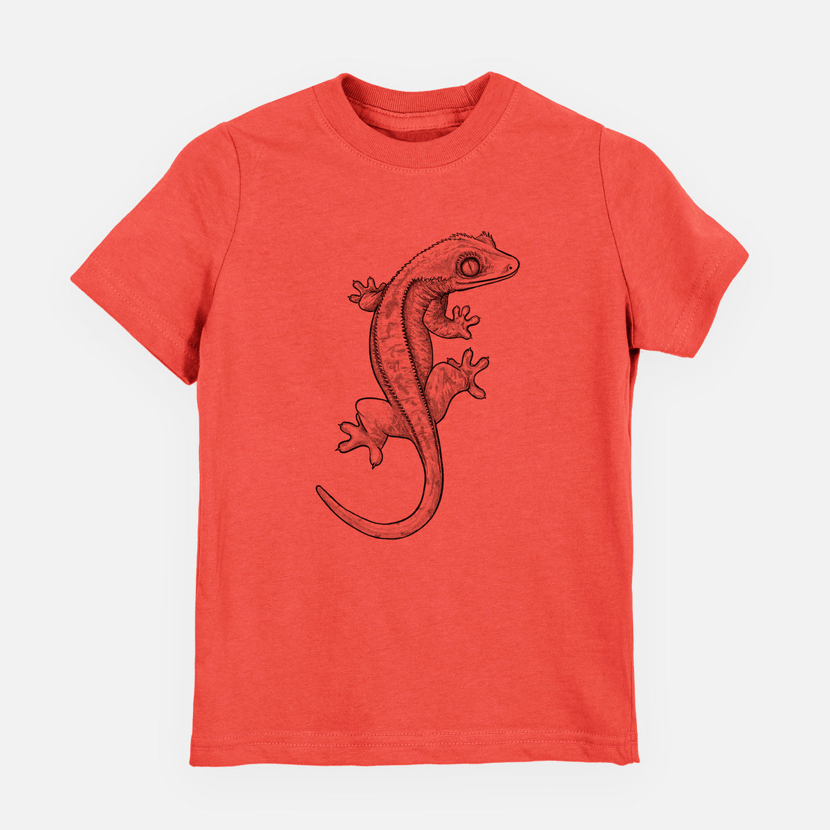 Passionfruit pink youth t-shirt laid flat, printed with a detailed black ink illustration of a crested gecko climbing.