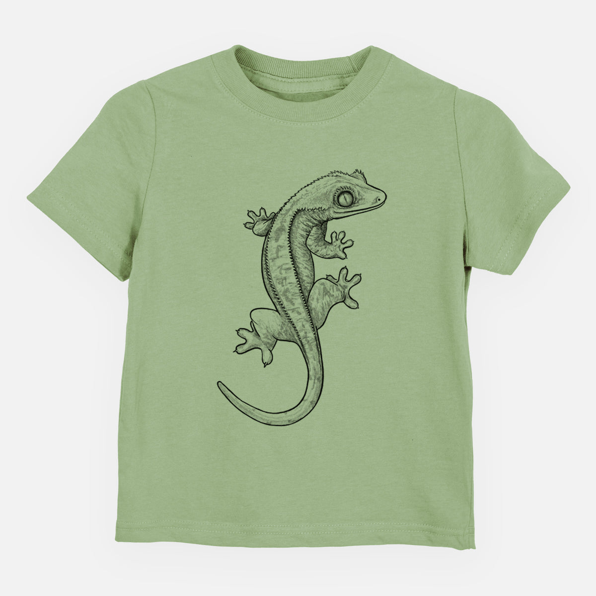 Sage green toddler t-shirt laid flat, printed with a detailed black ink illustration of a crested gecko climbing.