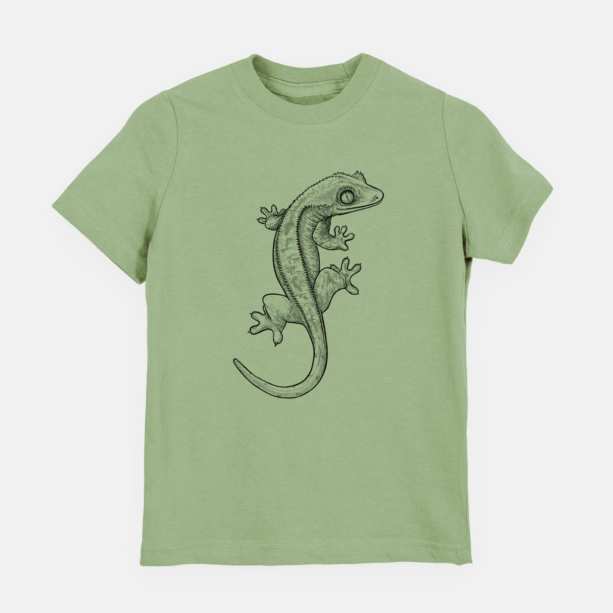 Sage green youth t-shirt laid flat, printed with a detailed black ink illustration of a crested gecko climbing.