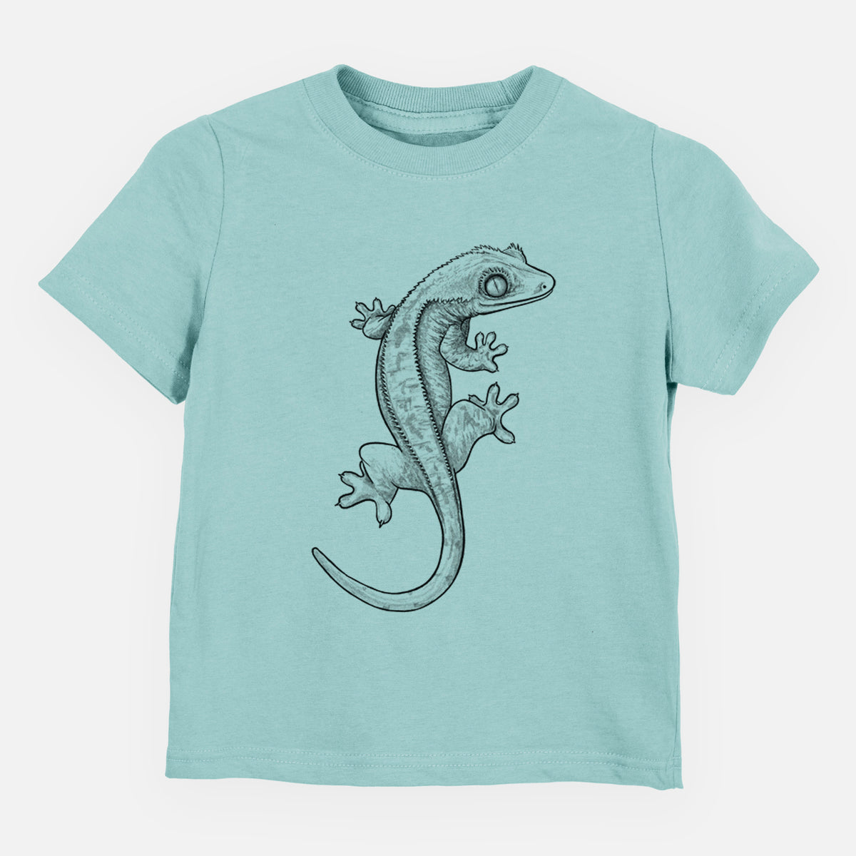 Saltwater toddler t-shirt laid flat, printed with a detailed black ink illustration of a crested gecko climbing.