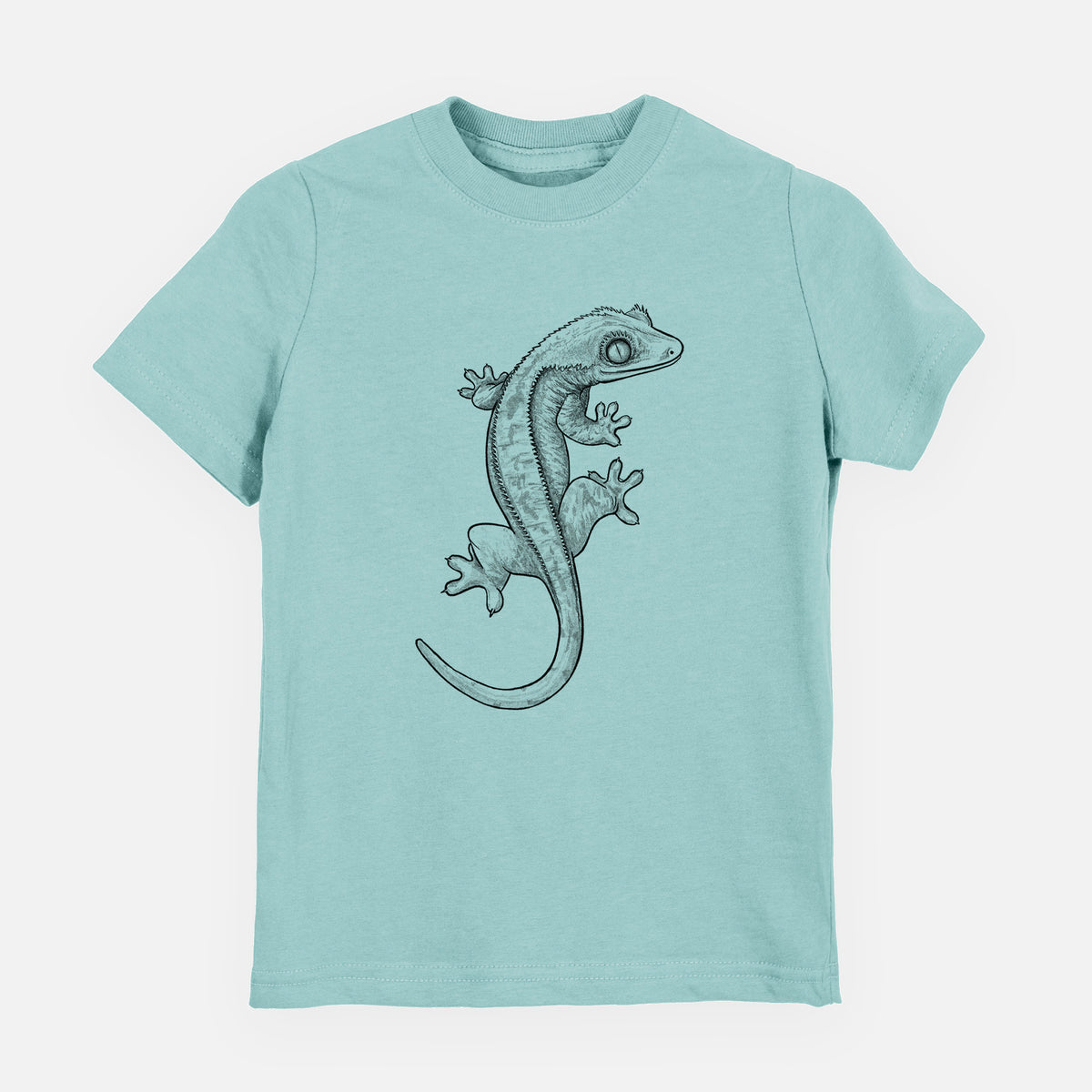 Saltwater youth t-shirt laid flat, printed with a detailed black ink illustration of a crested gecko climbing.