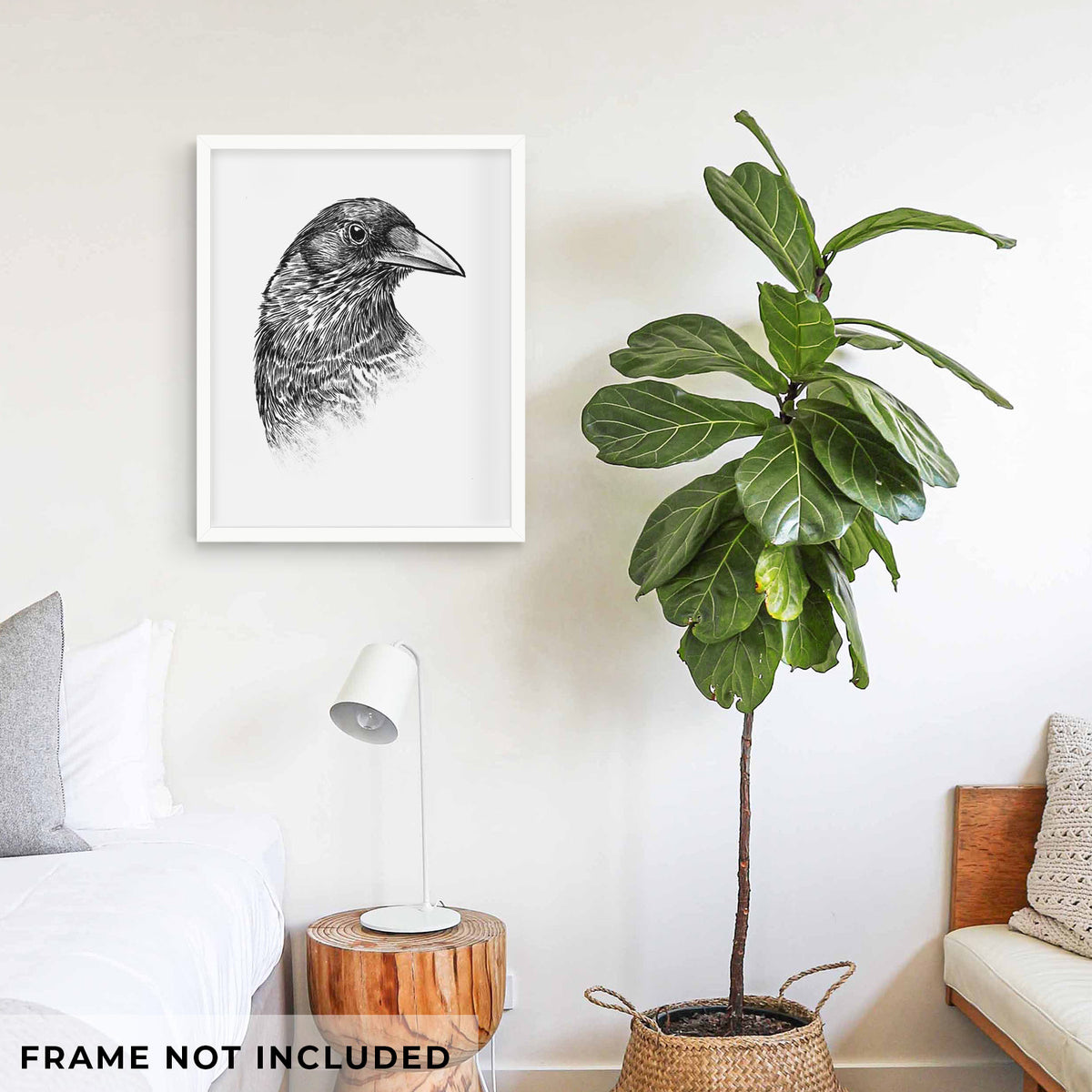 Art print of a detailed black ink portrait of a crow's head in profile, shown framed on a living room wall beside a potted plant. Frame not included.