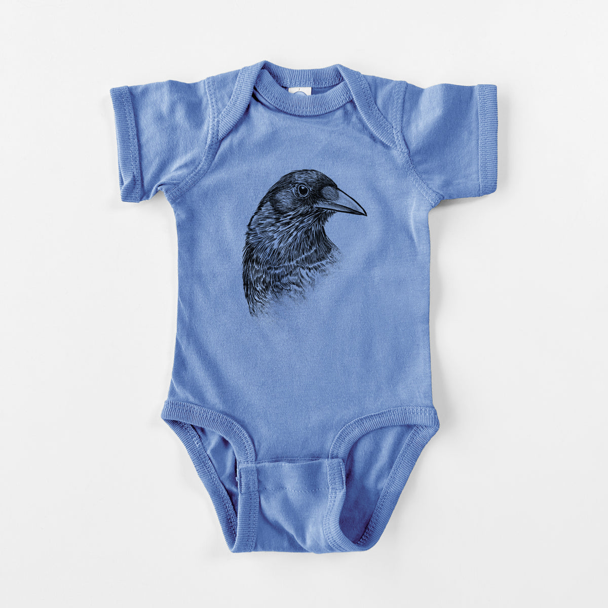 Carolina blue baby bodysuit laid flat, printed with a detailed black ink portrait of a crow's head in profile.