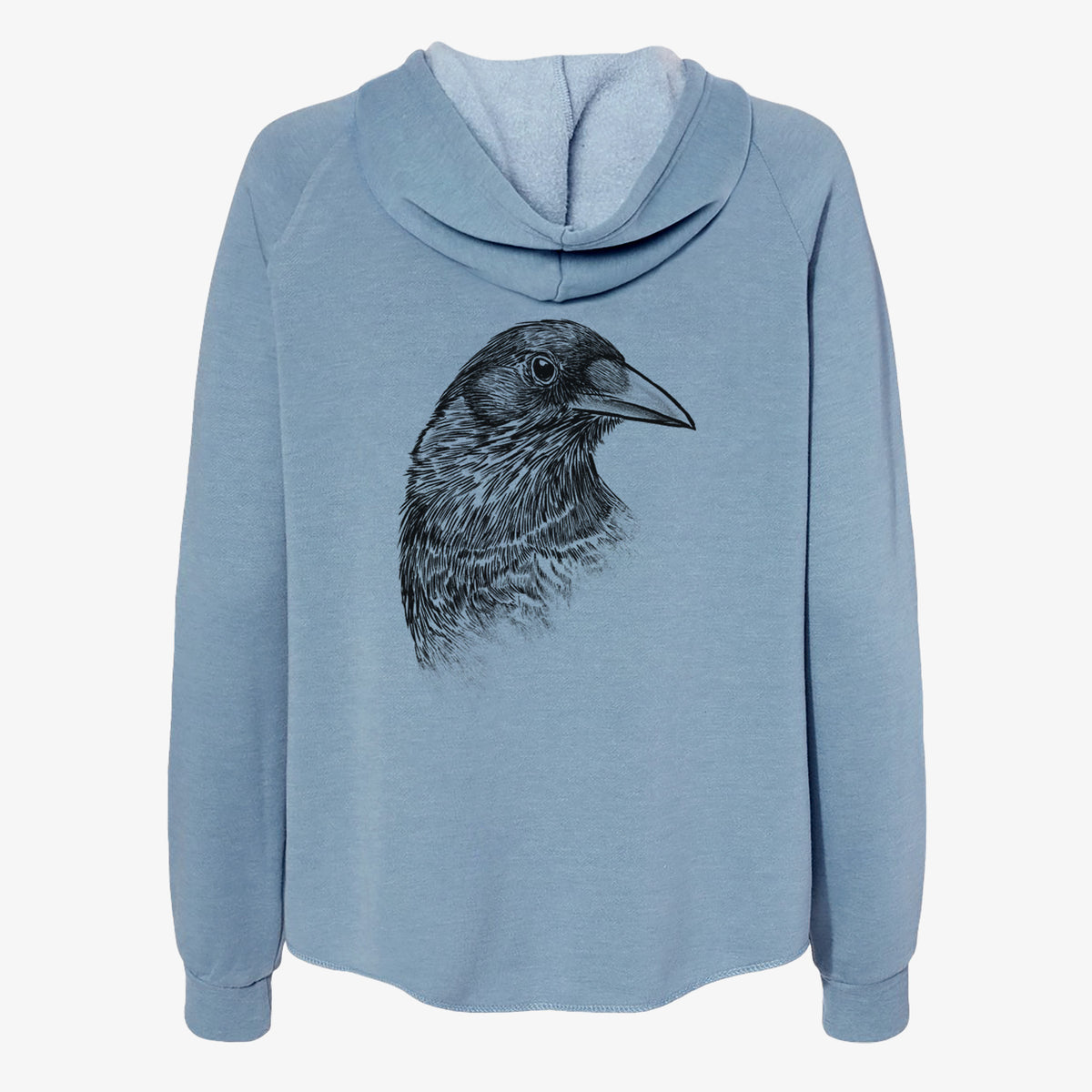 Misty blue women's Cali Wave zip-up sweatshirt laid flat, printed with a detailed black ink portrait of a crow's head in profile.