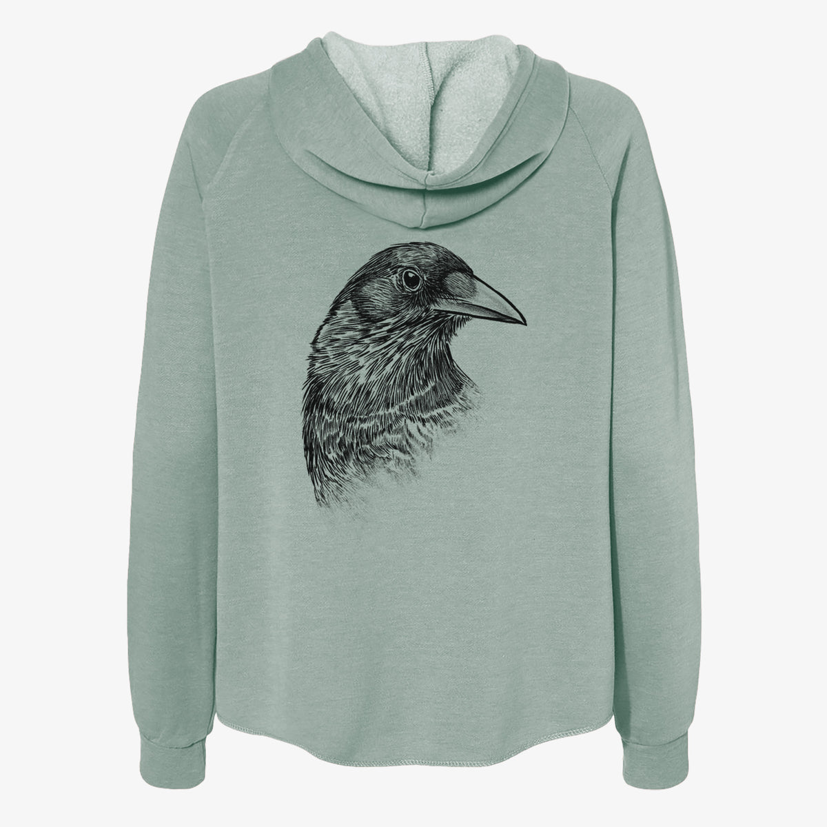 Sage green women's Cali Wave zip-up sweatshirt laid flat, printed with a detailed black ink portrait of a crow's head in profile.