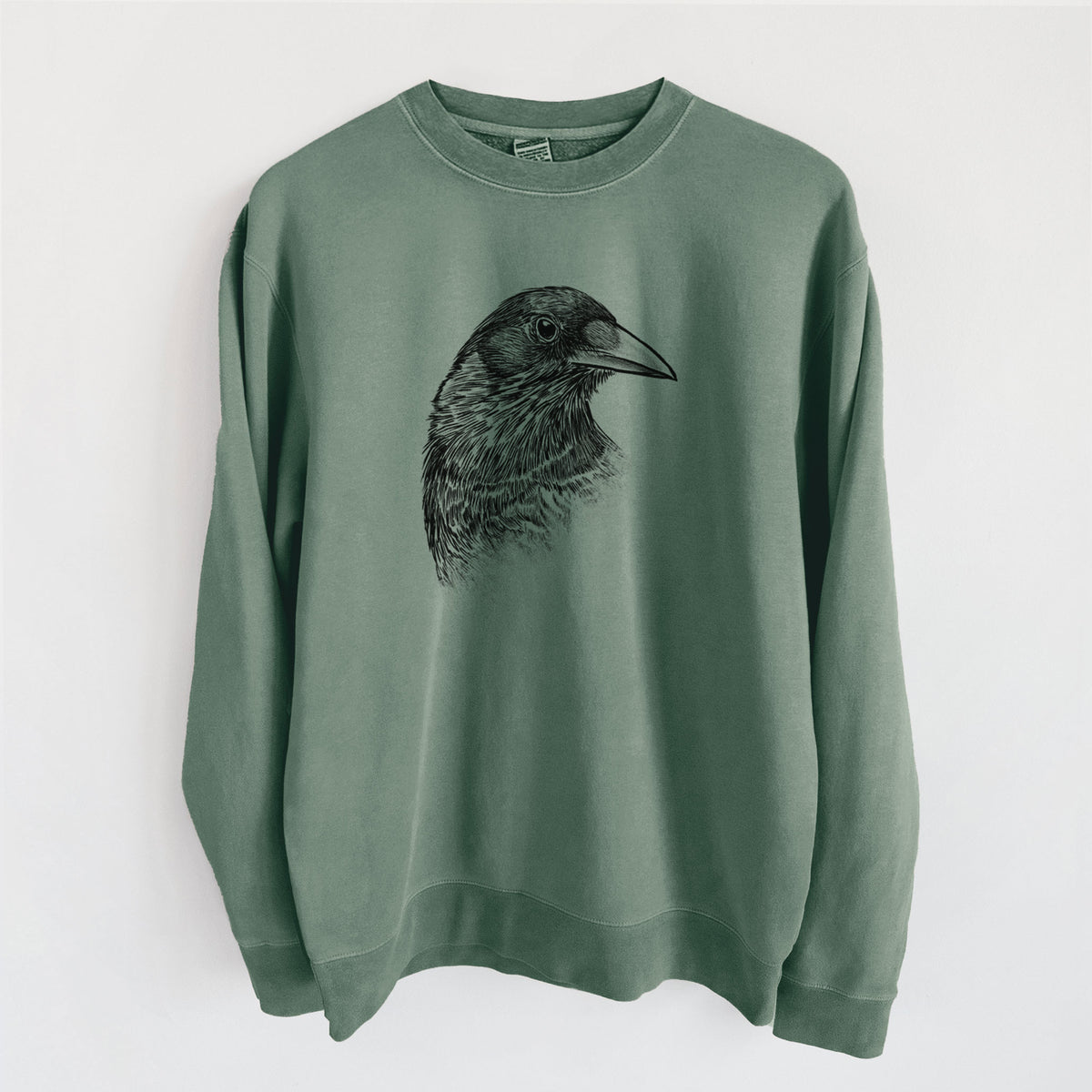 American Crow Bust - Corvus brachyrhynchos - Unisex Pigment Dyed Crew Sweatshirt in Alpine Green