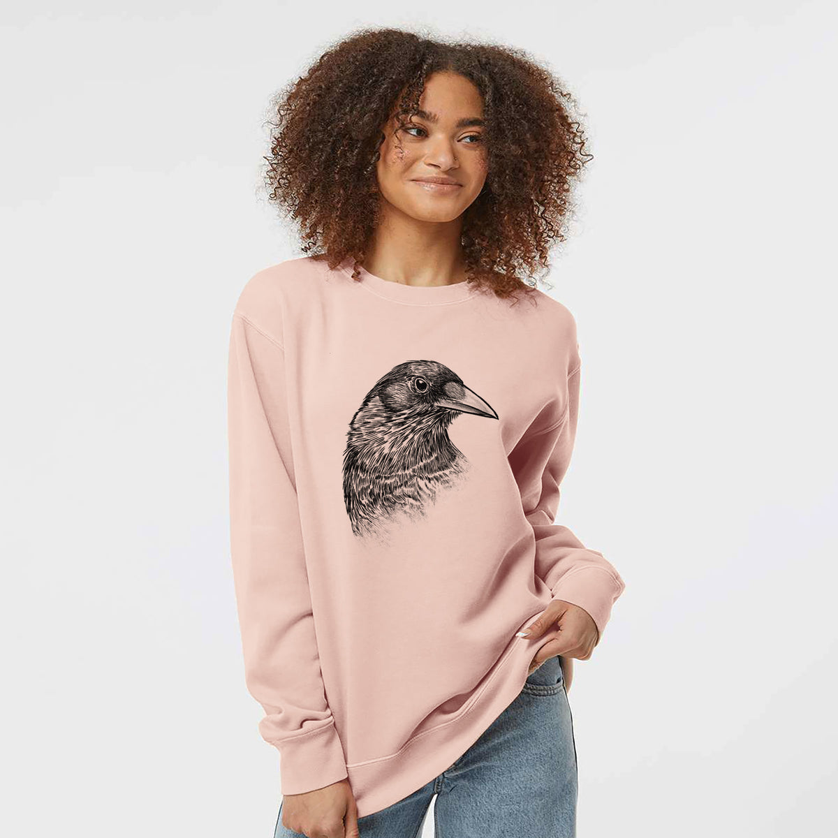 American Crow Bust - Corvus brachyrhynchos - Unisex Pigment Dyed Crew Sweatshirt in Dusty Pink