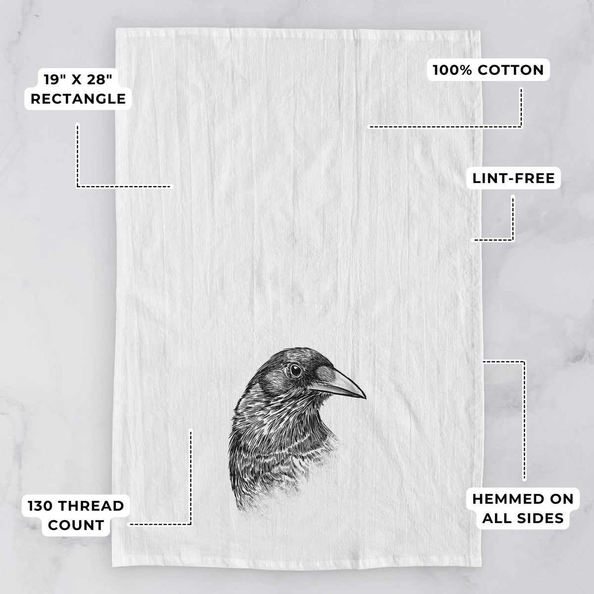 White tea towel printed with a detailed black ink portrait of a crow's head in profile, with feature labels: 19 by 28 inch rectangle, 100% cotton, lint-free, 130 thread count, hemmed on all sides.
