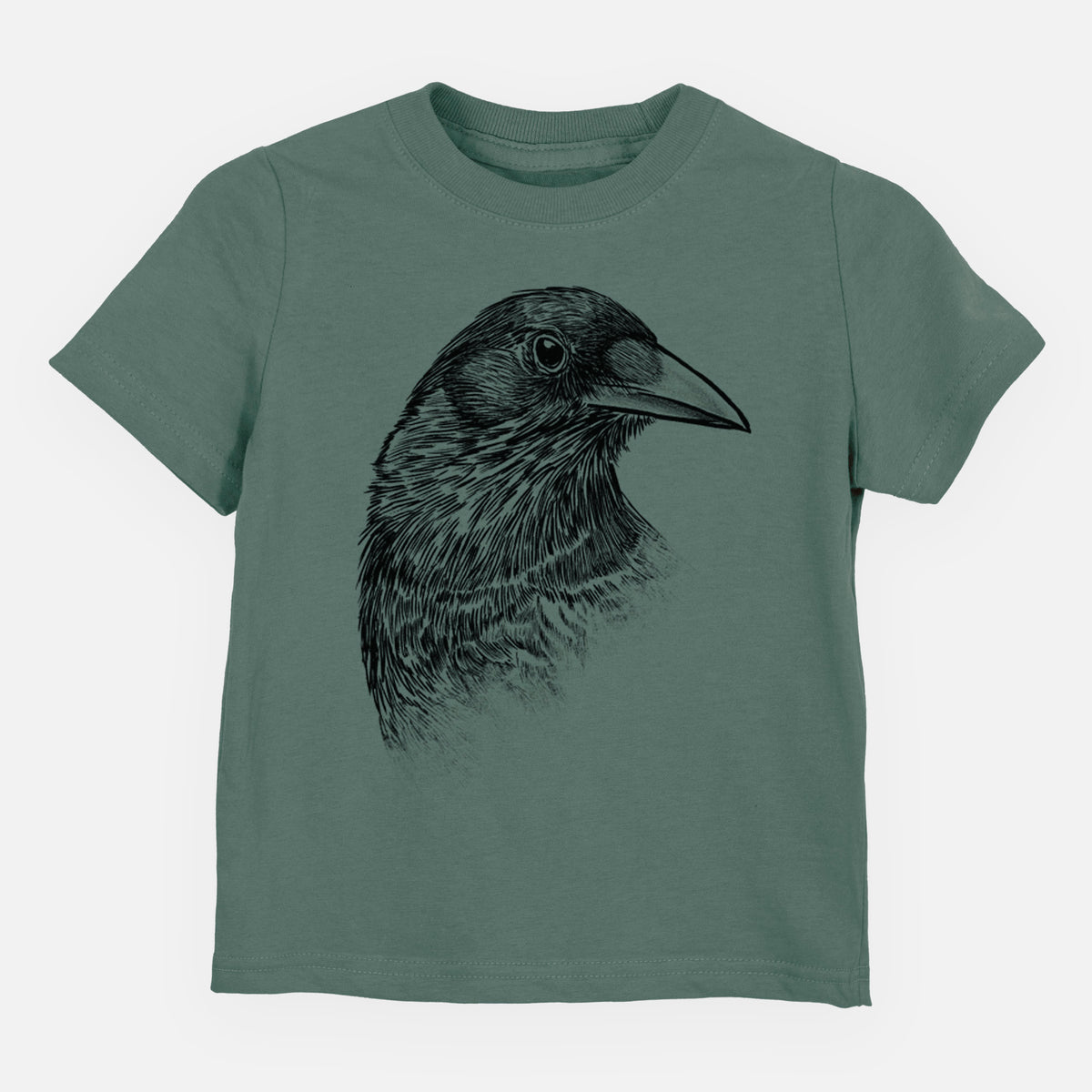 Basil green toddler t-shirt laid flat, printed with a detailed black ink portrait of a crow's head in profile.