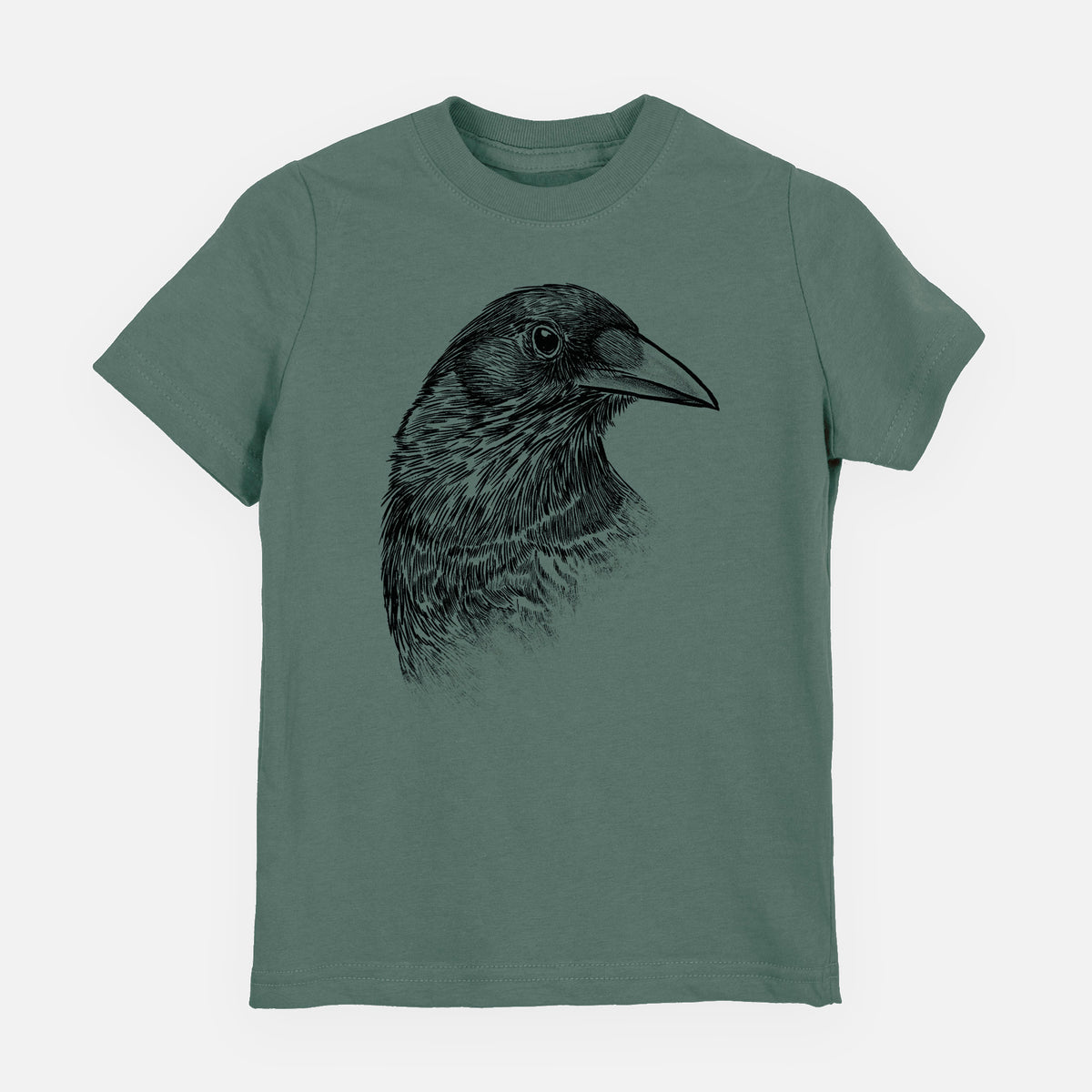 Basil green youth t-shirt laid flat, printed with a detailed black ink portrait of a crow's head in profile.