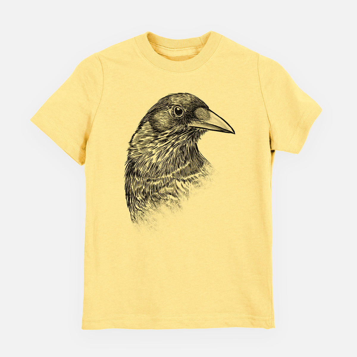Butter yellow youth t-shirt laid flat, printed with a detailed black ink portrait of a crow's head in profile.