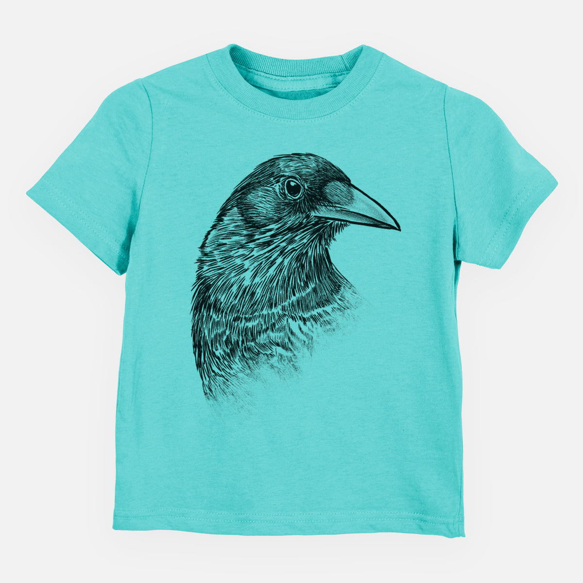 Caribbean blue toddler t-shirt laid flat, printed with a detailed black ink portrait of a crow's head in profile.
