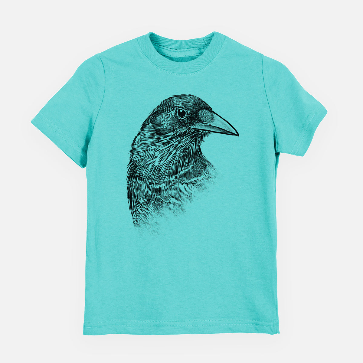Caribbean blue youth t-shirt laid flat, printed with a detailed black ink portrait of a crow's head in profile.