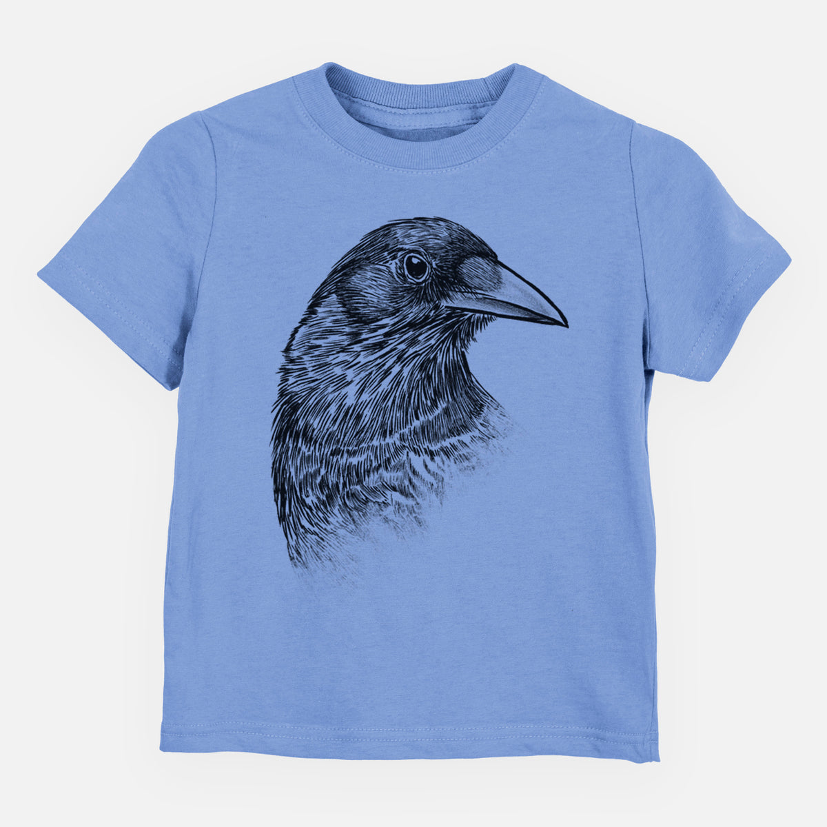 Carolina blue toddler t-shirt laid flat, printed with a detailed black ink portrait of a crow's head in profile.