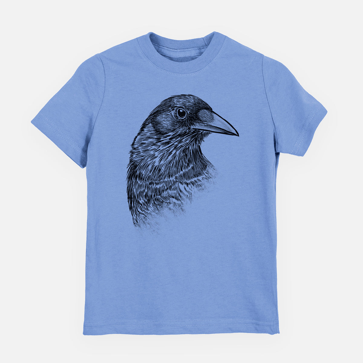 Carolina blue youth t-shirt laid flat, printed with a detailed black ink portrait of a crow's head in profile.