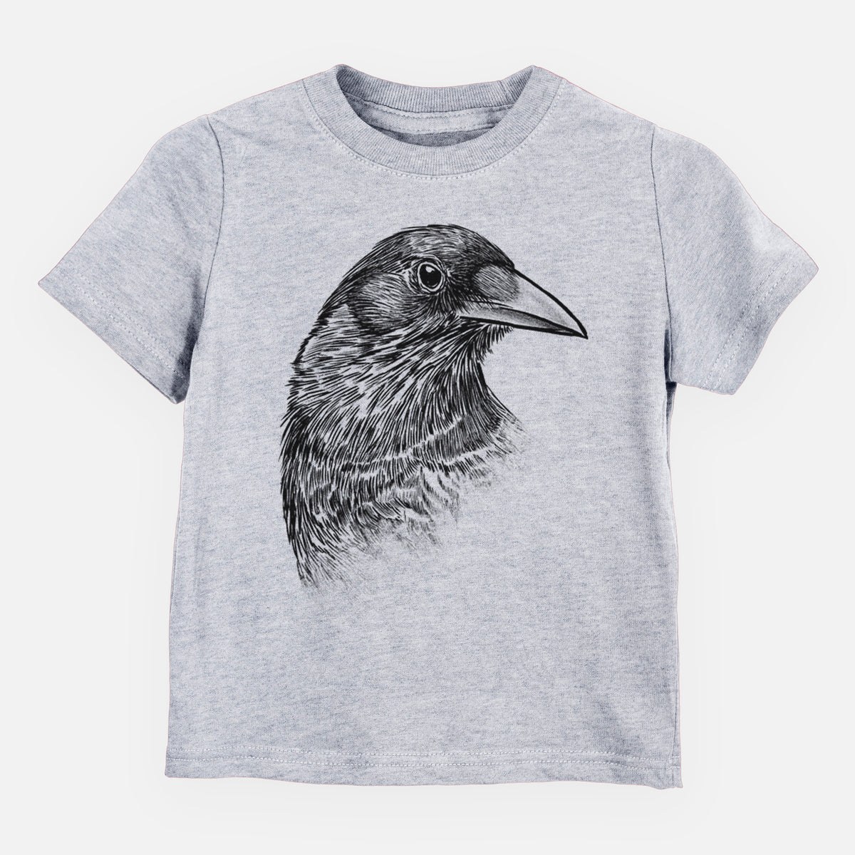 Heather grey toddler t-shirt laid flat, printed with a detailed black ink portrait of a crow's head in profile.