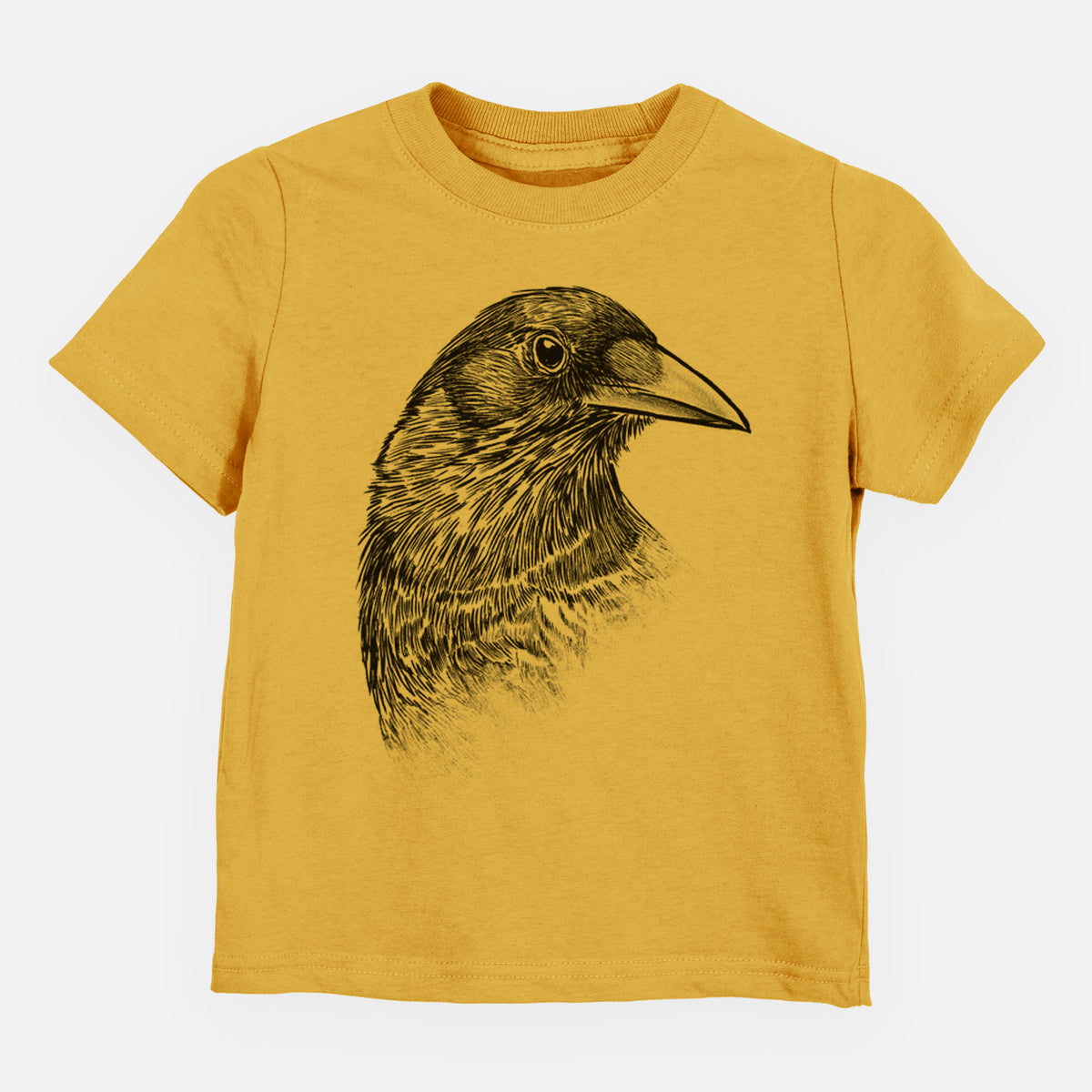 Honeycomb yellow toddler t-shirt laid flat, printed with a detailed black ink portrait of a crow's head in profile.