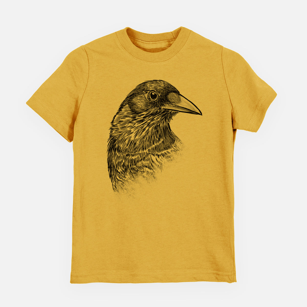 Honeycomb yellow youth t-shirt laid flat, printed with a detailed black ink portrait of a crow's head in profile.