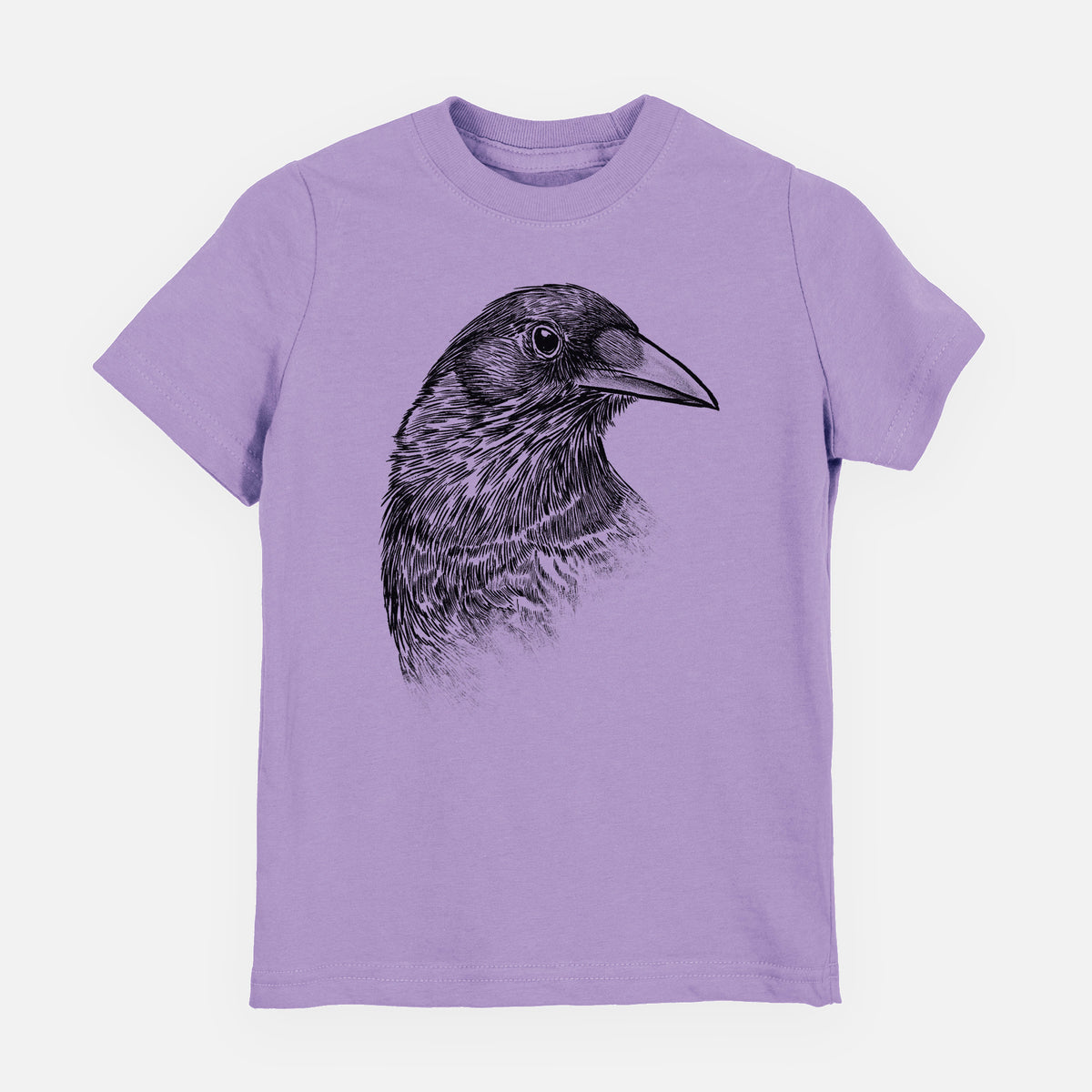Lavender youth t-shirt laid flat, printed with a detailed black ink portrait of a crow's head in profile.