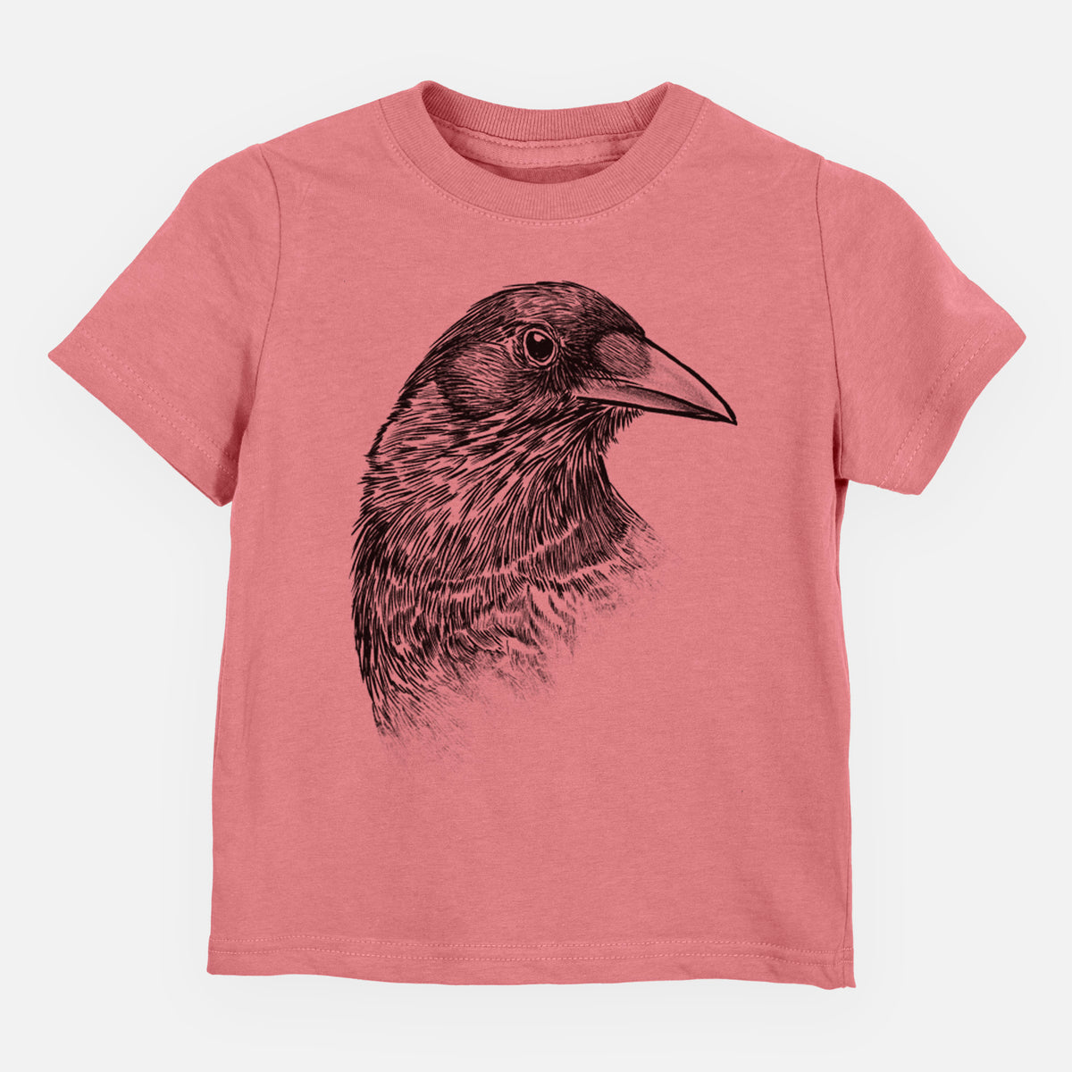 Mauve pink toddler t-shirt laid flat, printed with a detailed black ink portrait of a crow's head in profile.