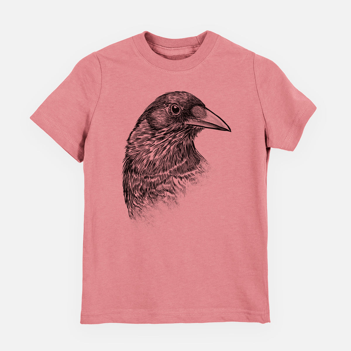 Mauve pink youth t-shirt laid flat, printed with a detailed black ink portrait of a crow's head in profile.