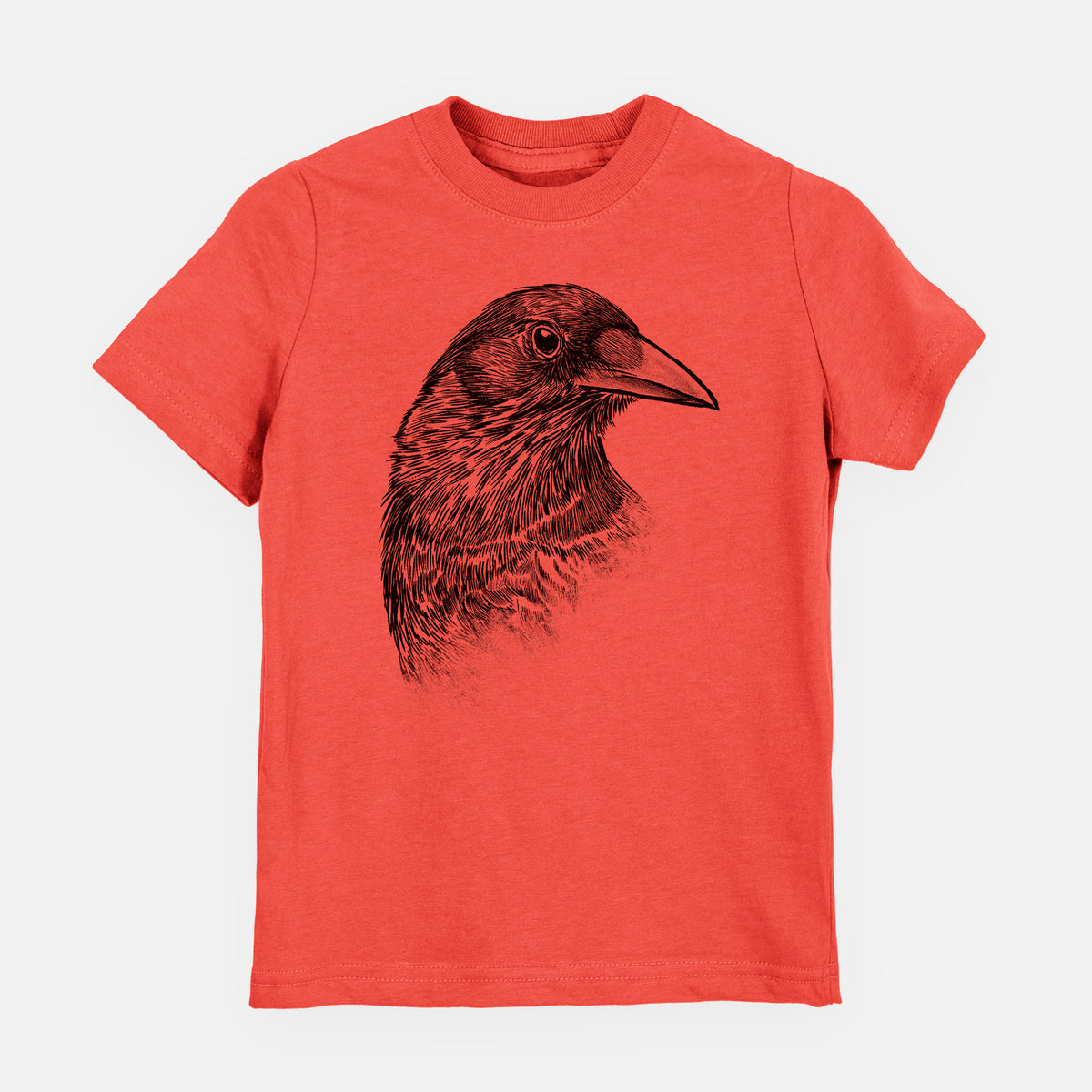 Passionfruit pink youth t-shirt laid flat, printed with a detailed black ink portrait of a crow's head in profile.