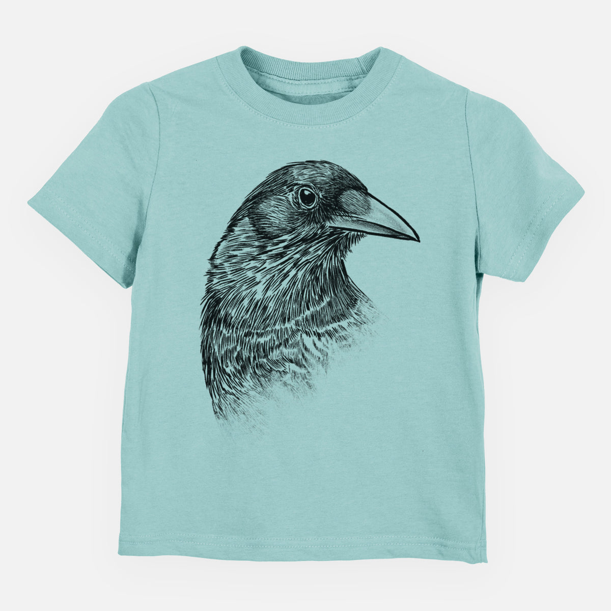 Saltwater toddler t-shirt laid flat, printed with a detailed black ink portrait of a crow's head in profile.