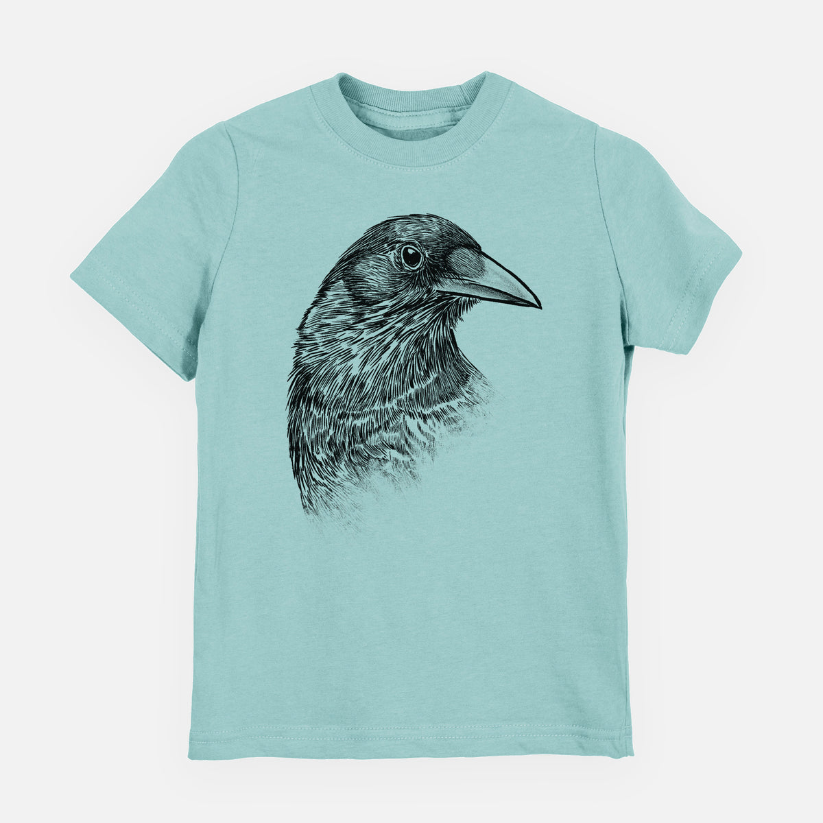 Saltwater youth t-shirt laid flat, printed with a detailed black ink portrait of a crow's head in profile.