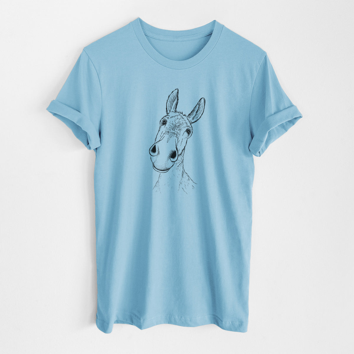 Ocean blue lightweight cotton t-shirt laid flat, printed with a black ink illustration of a curious donkey's head with tall ears.