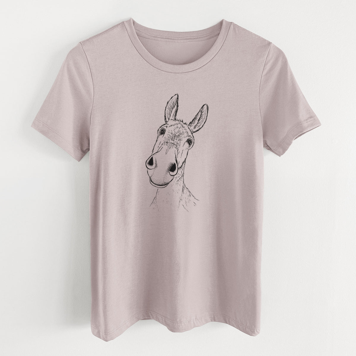 Pink gravel women's relaxed fit cotton t-shirt laid flat, printed with a black ink illustration of a curious donkey's head with tall ears.